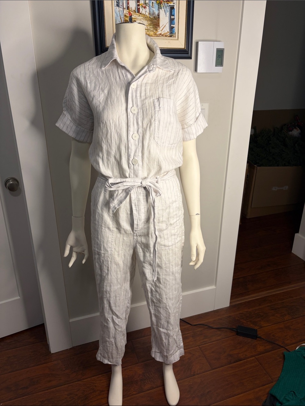 Casual White Striped Linen Jumpsuit with Tie Waist
